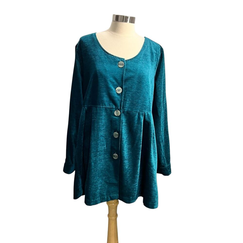 Soft Surroundings Textuted Velvet Dark Teal Button Down Tunic Top Size Large
